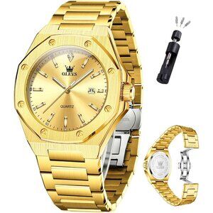 Olevs Men's Gold Stainless Steel Man Watch with Date Luminous Stylish Watch